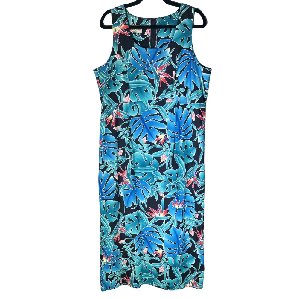 Vintage Hilo Hattie Dress 20 • 100% Cotton • Maxi • Black Tropical Monstera
